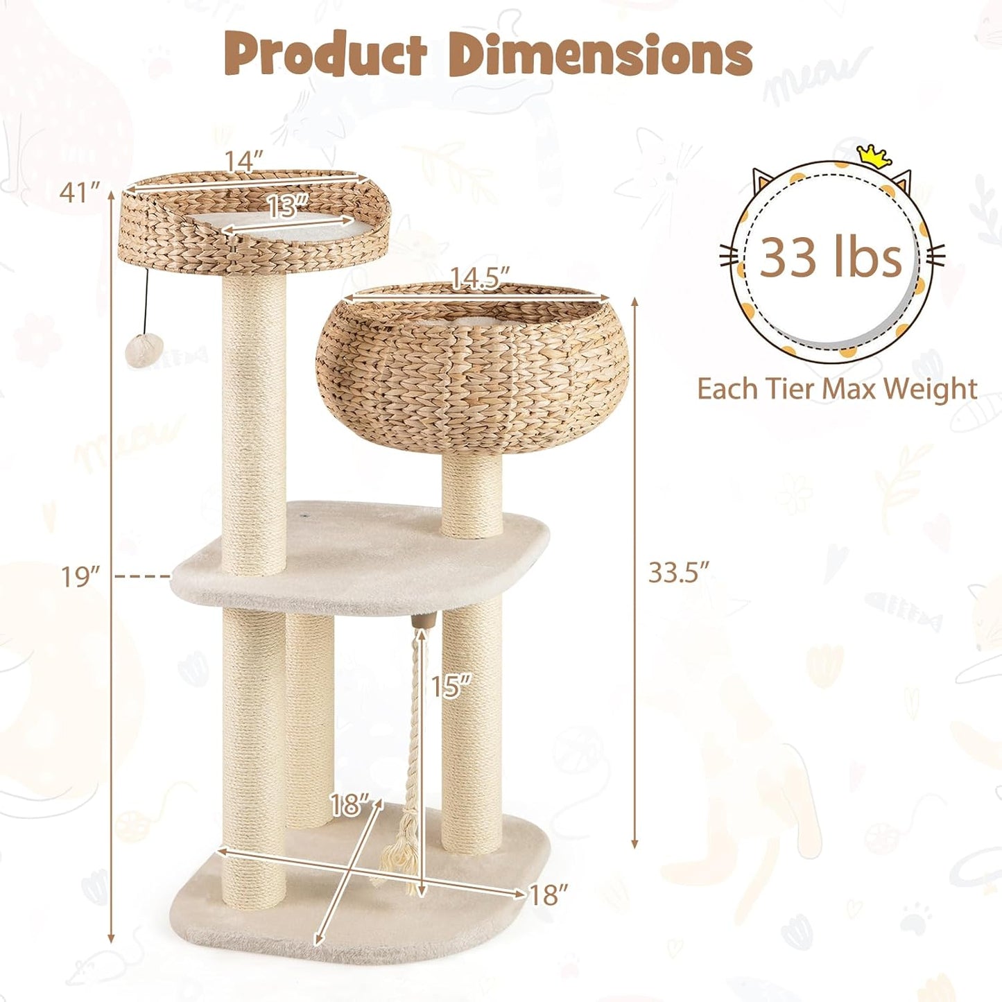 Tangkula Modern Cat Tree, Tall Cat Tower with Natural Sisal Scratching Post, Hand-Made Wicker Cat Condo & Top Perch, Funny Hanging Toy Ball, Cute Cat Tree Tower for Indoor Cats
