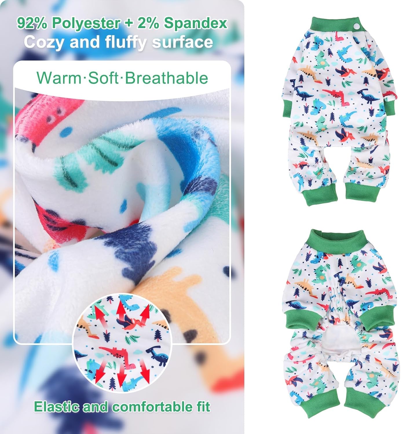 BEAUTYZOO Dog Pajamas Small Sized Dog, Summer Doggie Pajamas for Boy Girl, Soft Strechy Cotton Puppy Pjs Jammies Onesies for Men Women, Pet Jumpsuit Body Suit Cat Apparel Clothes, Green Dinosaur S