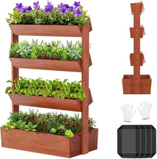 SUNYRISY 4 Tiers Vertical Wooden Raised Garden Bed Outdoor, Freestanding Garden Planter Box Stand for Planting Herbs Flowers Vegetables Outdoor Gardening