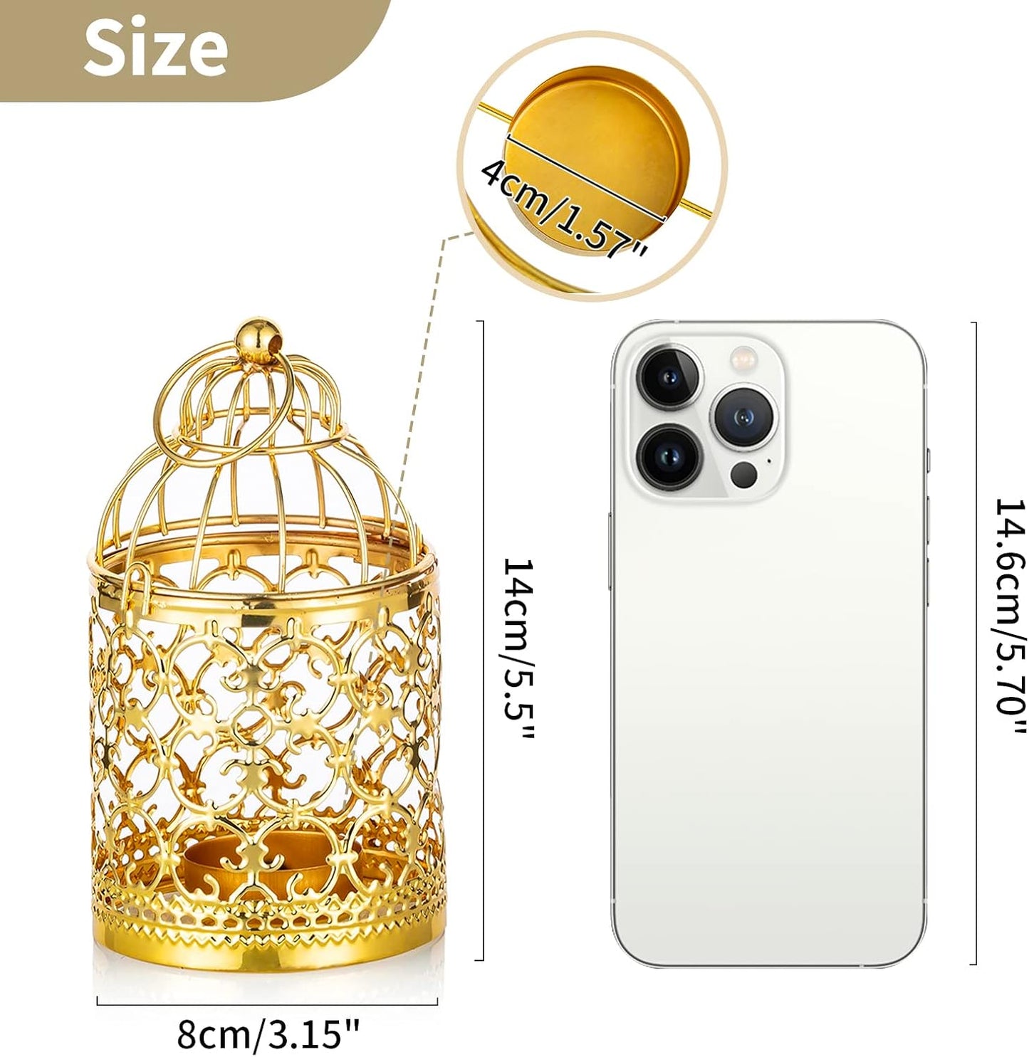 2 Pcs Small Metal Tealight Hanging Birdcage Lantern, Vintage Decorative Centerpieces of Wedding, Party, Gold
