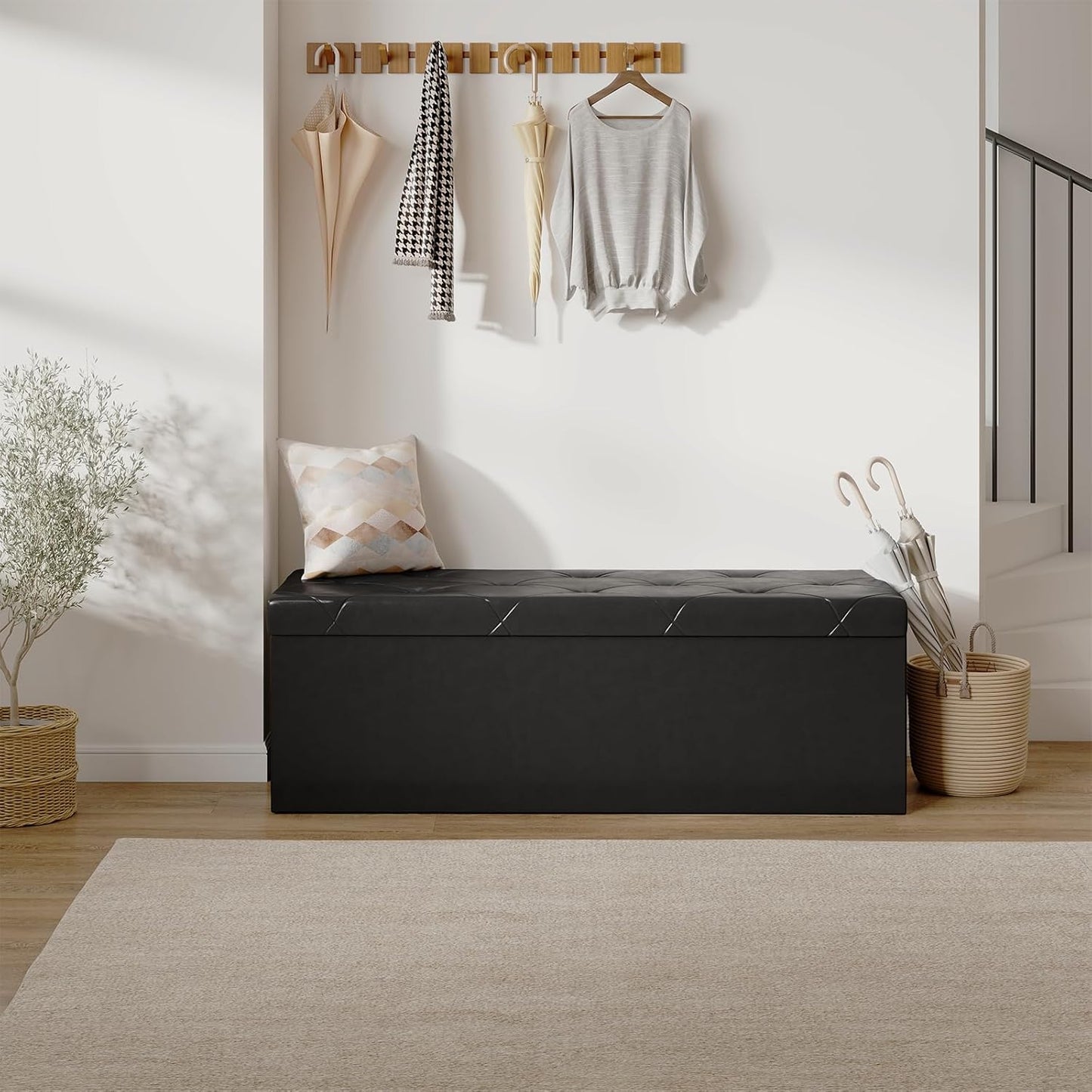 Sweetcrispy 43 Inches Folding Ottoman with Storage Bench, Foot Rest Stool, End of Bed Storage Bench Upholstered, Load 660 lbs, for Living Room, Lychee Grain Leather, Black