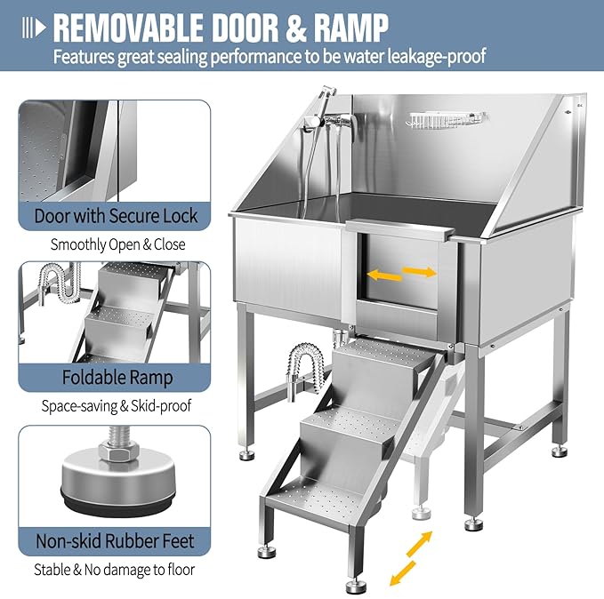 38" Dog Bathing Station, Professional Dog Washing Station Stainless Steel Dog Grooming Tub for Home,Equipped with Three Anti-Slip Steps, Removable Door, Pet Wash Station for Pet,R-RAMP