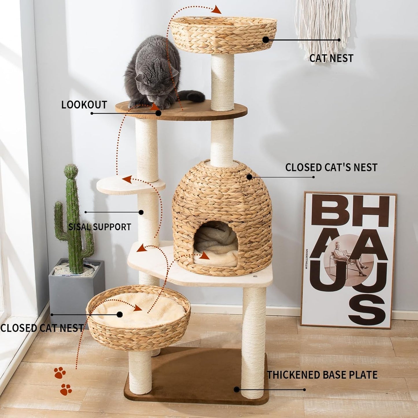 Large Wood Cat Tree Tower for Indoor Cats, Multi-Cats Scratching Post & Cat Condo with Handwoven Cat House Basket, Thick Sisal Posts, Modern Stable Cats Tower Furniture