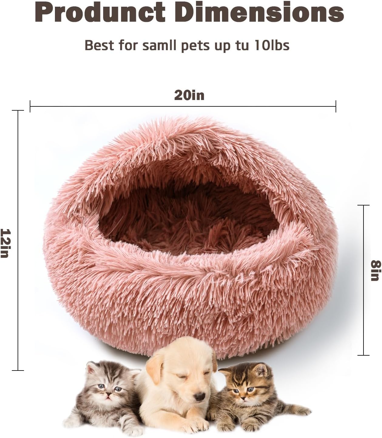 Cat Bed for Indoor Cats, Calming Cozy Cave with Self-Warming Plush, Entire Bed Machine Washable & Anti-Slip Base, Breathable Pet Bed for Small Cats&Dogs All Seasons (Leather Pink, 20 * 20inch)