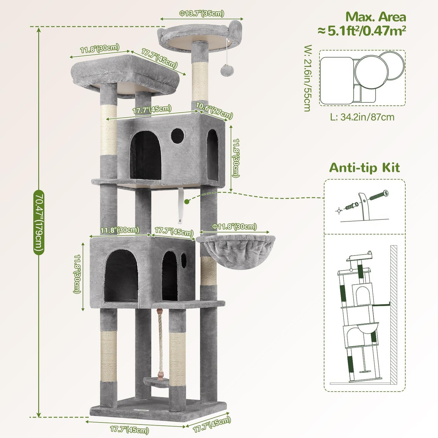 Globlazer Cat Tree, 70 inch Tall Scratching Tower Multi-Level Cat Condo for Indoor Multiple Cats with 2 Large Cat Caves, Top Perch, Large Platform, Bottom Swing, F70B, Light Grey
