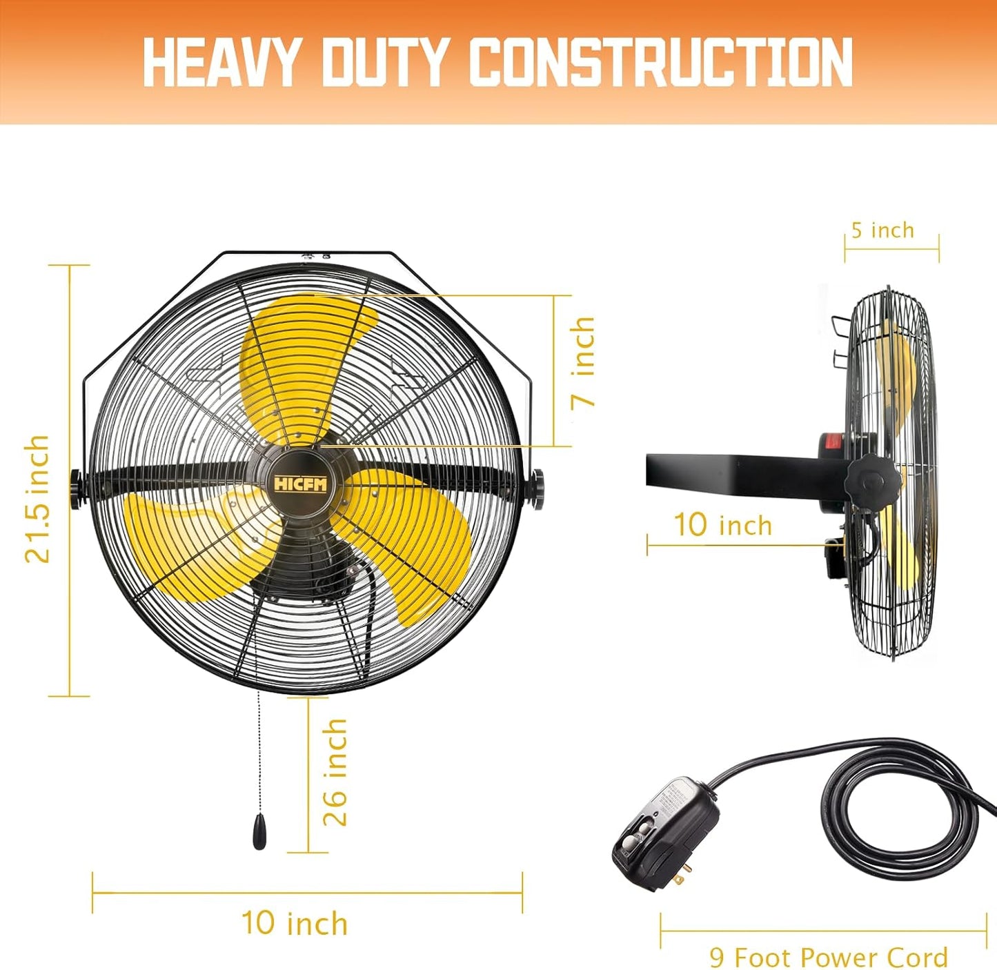 HiCFM 18 inch Outdoor Wall Mount Fan, 4300 CFM High Velocity 3-Speed Weatherproof Wall-Mounted Fans with IP44 Motor and Manual GFCI Plug for Patios, Greenhouse, and Gazebo - UL Listed