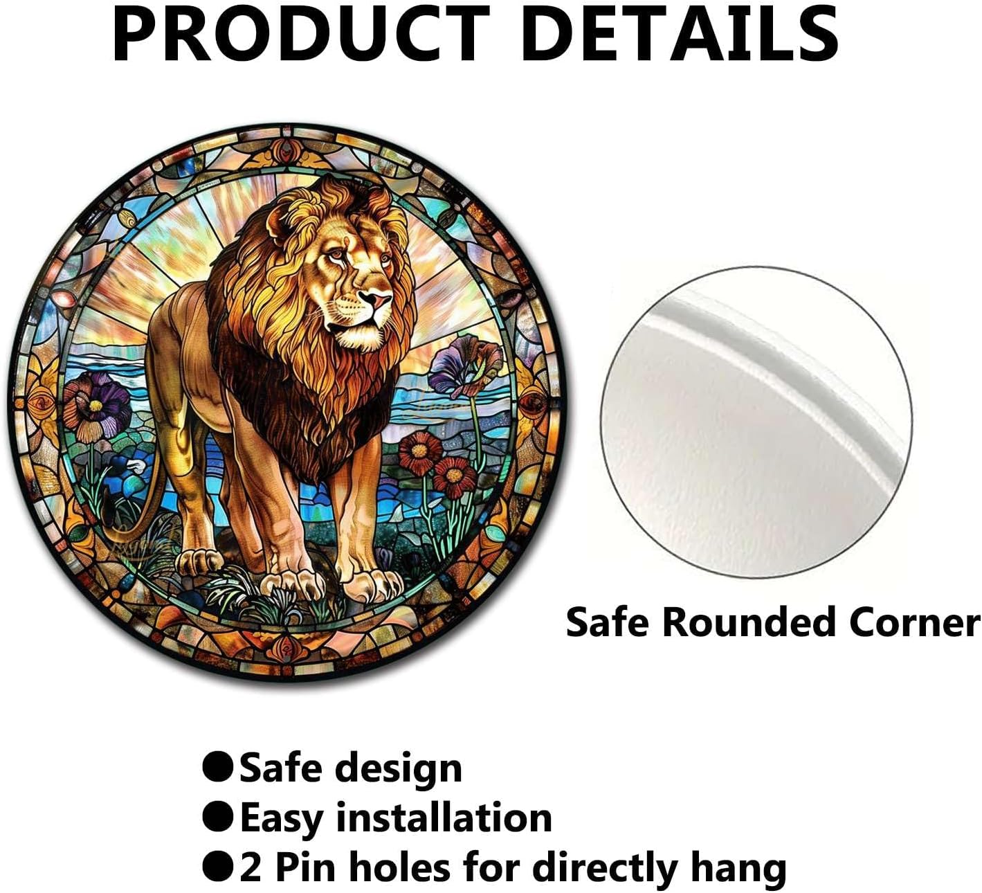 Lygond Metal Sign Tin Sign Circular Stained Glass Lion Garden Metal Sign for Club 12×12 Inches