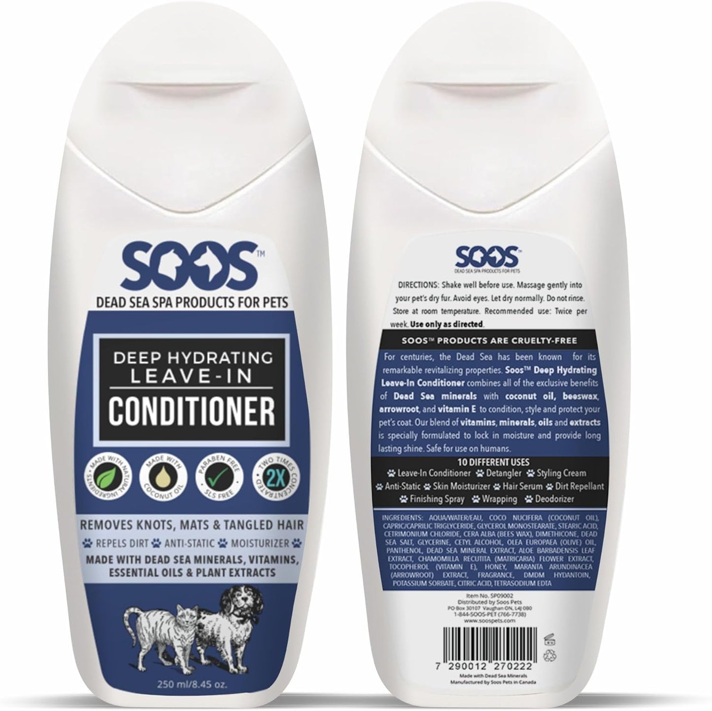 Soos Pets Deep Hydrating Leave-in Conditioner for Dogs and Cats | Natural Dead Sea Minerals & Vitamins | Skin Moisturizer, Polish Deeply, Enhance Coat Shine & Softness - 250ml
