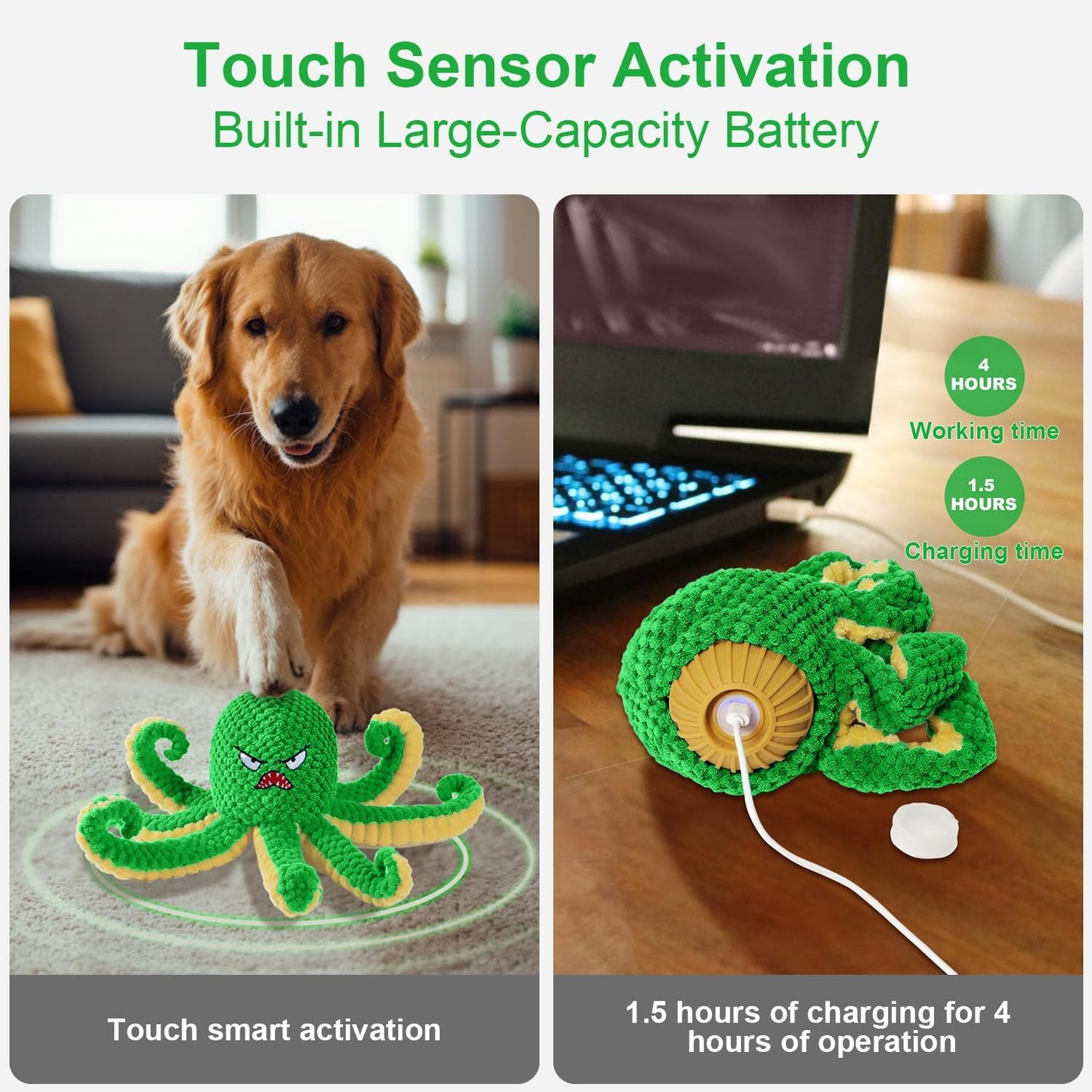 Interactive Dog Toys Octopus,Durable Automatic Jumping Dog Toy to Keep Them Busy,Squeaky Moving Tug of War Doggie Toy,USB Rechargeable,Not for Aggressive Chewers (Green)