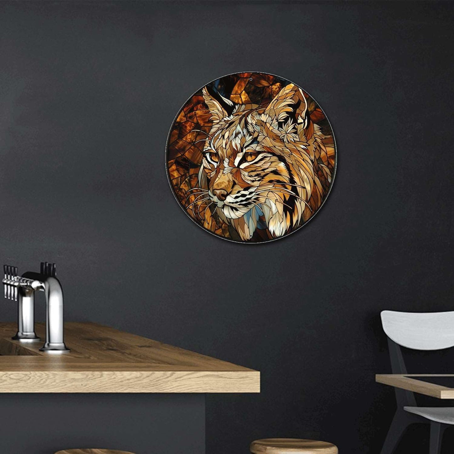 Lygond Aluminum Circular Stained Glass Bobcat Restroom Sign, 88 Inches