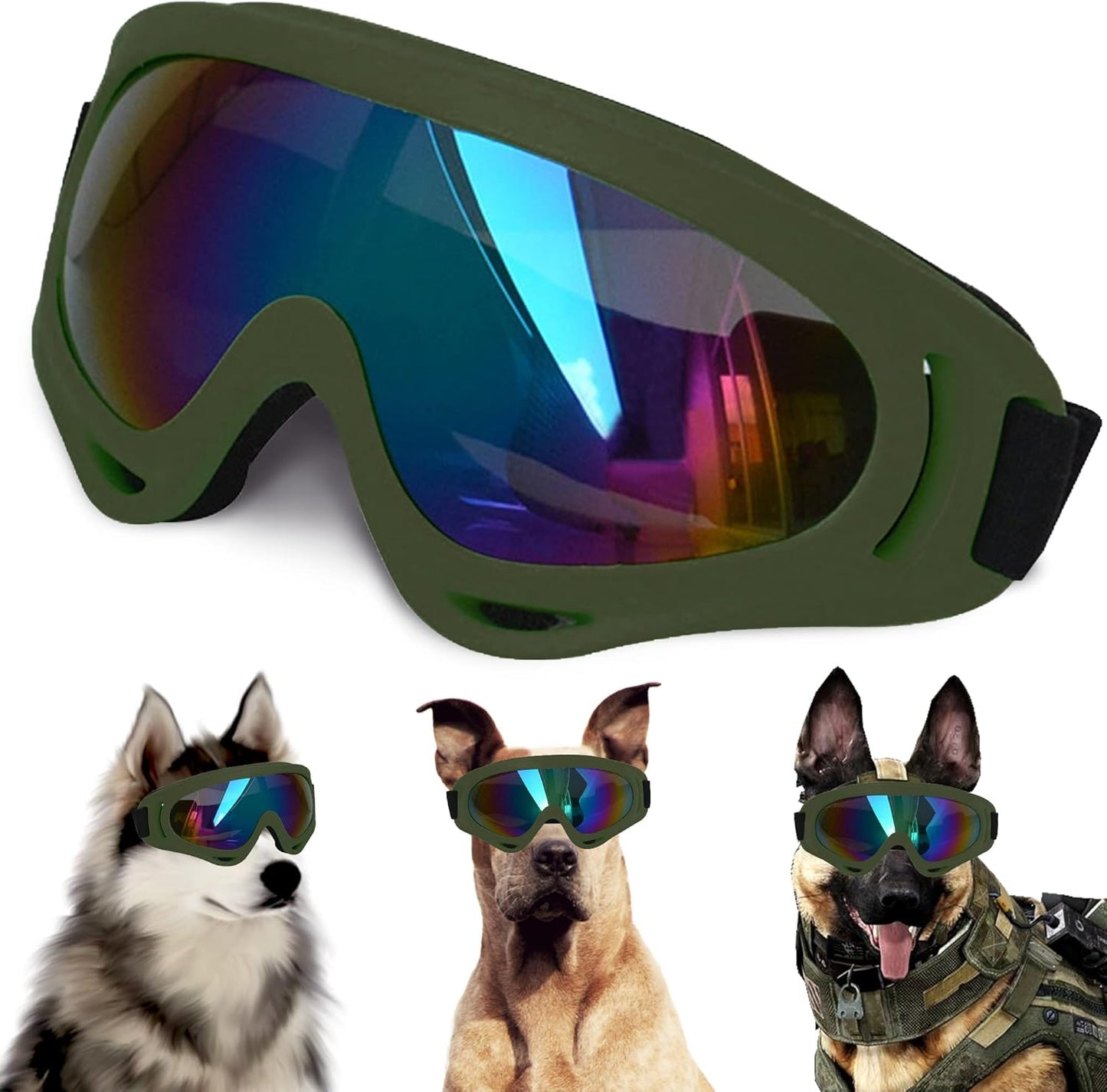 Large Dog Sunglasses with Adjustable Strap UV Protection, Suitable for Medium-Large Dogs, Soft Goggles (Army Green Frame)