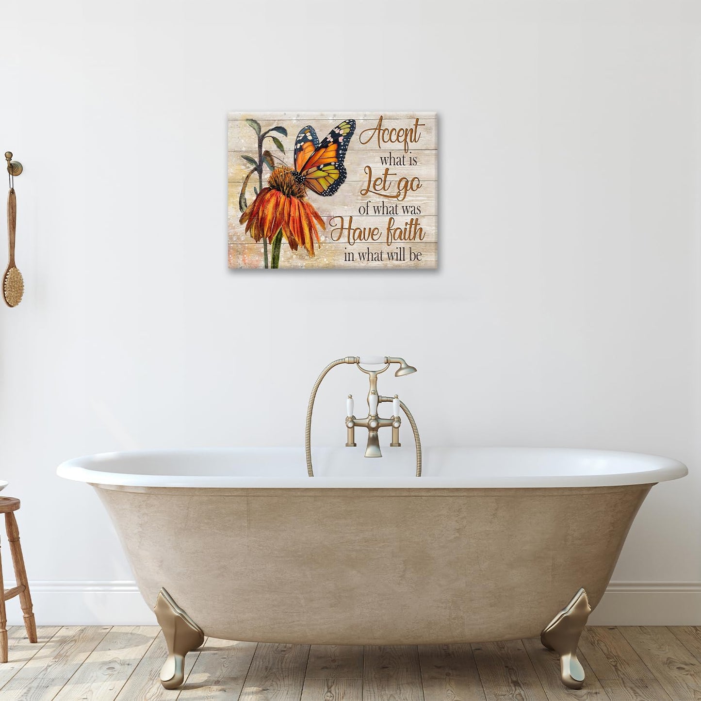 Farmhouse Butterfly Bathroom Pictures Wall Art, Rustic Floral Country Bathroom Wall Decor, Daisy Inspirational Framed Painting Canvas Artwork for Bedroom Living Room Decorations 16"L x 12"W