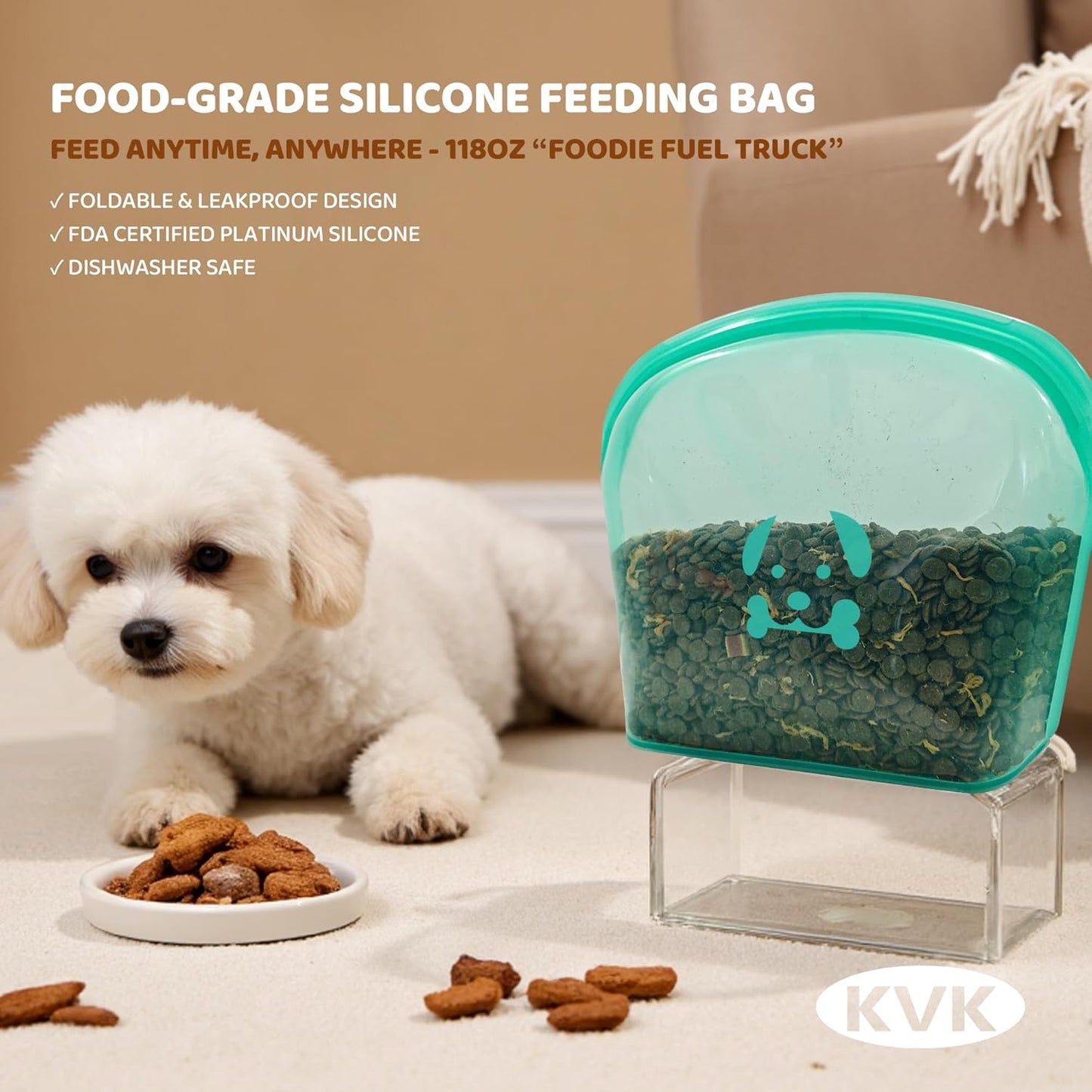 KVK Extra Extra Large Silicone Dog Food Mat 39.4×43.3in and 128oz Silicone Bag Set, Super Size Waterproof Pet Feeding Mat & Container, Non-Slip, Chew-Resistant Floor Protection (Cool Grey&Teal)