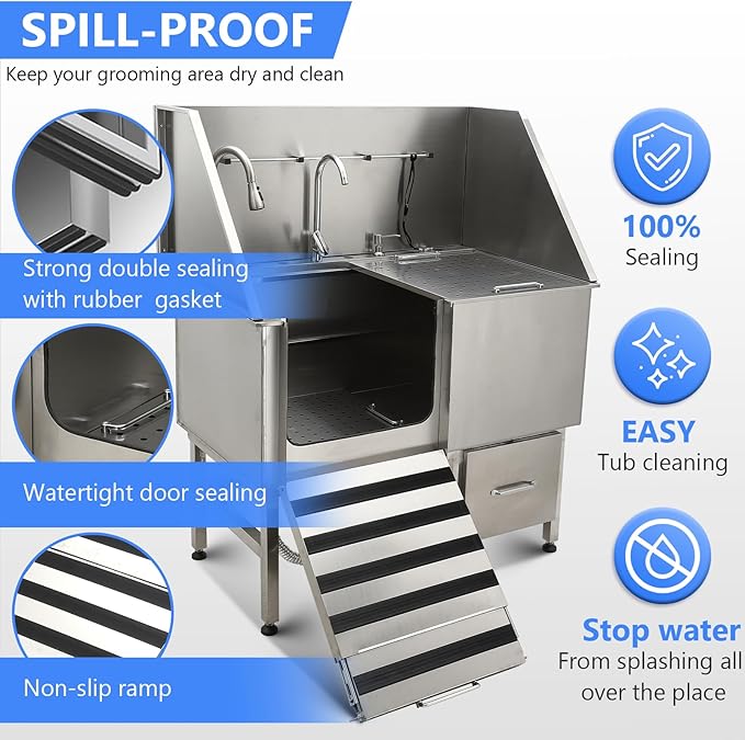 50" Dog Washing Station, Professional Stainless Steel Pet Dog Bathing Station with Ramp, Faucet, Storage Drawer, Floor Grate Dog Bathtub for Large, Medium, Small Pets (Left Ramp)
