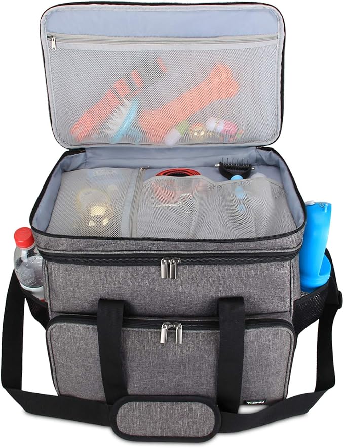 Teamoy Double Layer Dog Travel Bag, Dog Bag for Supplies with 2 Silicone Collapsible Bowls, 2 Food Carriers, 1 Water-Resistant Placemat, Pet Supplies Weekend Tote Organizer (Large, Gray)