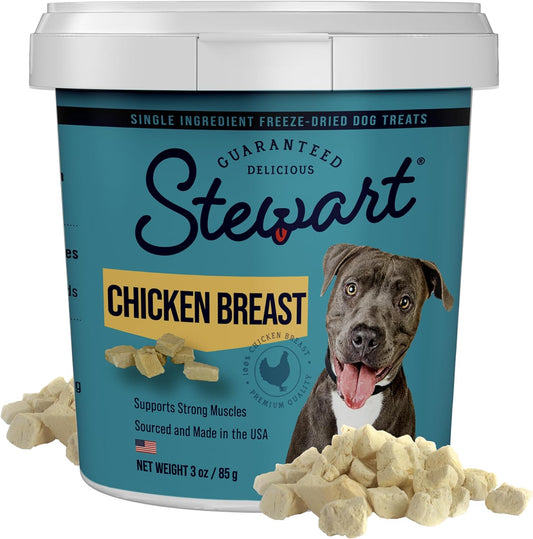 Stewart Single Ingredient Freeze Dried Raw Dog Treats, Chicken Breast, 3 Ounce, Approx. 55 Pieces per Resealable Tub, Training Treats or Meal Topper, High Protein, Grain Free, Gluten Free