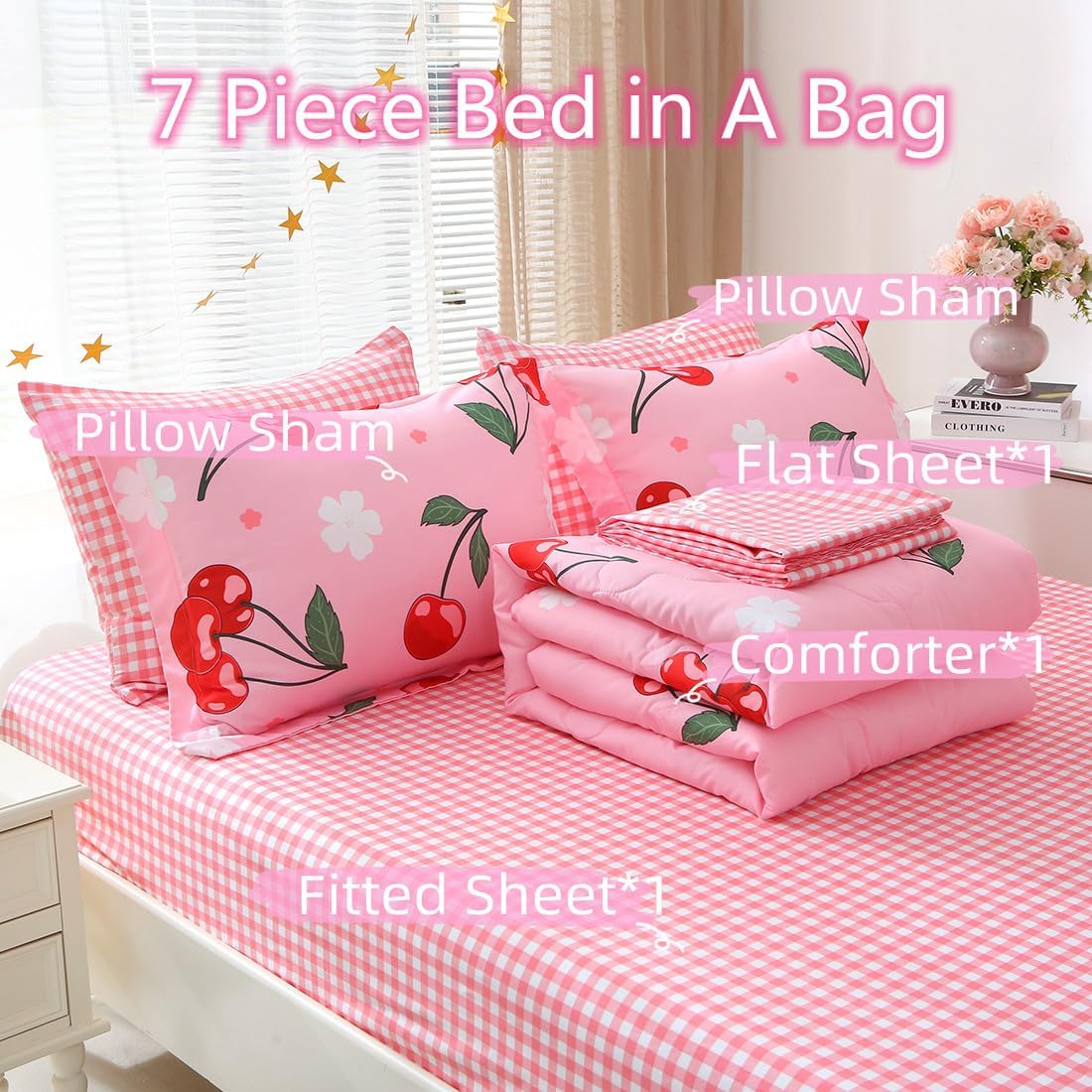 Girls Cherry Comforter Bedding Set Queen Size 7 Piece Pink Kawaii Oriental Cherry Comforter Set Bed in A Bag for Kids Teens All Season (Comforter,Flat Sheet,Fitted Sheet and Pillow Sham)