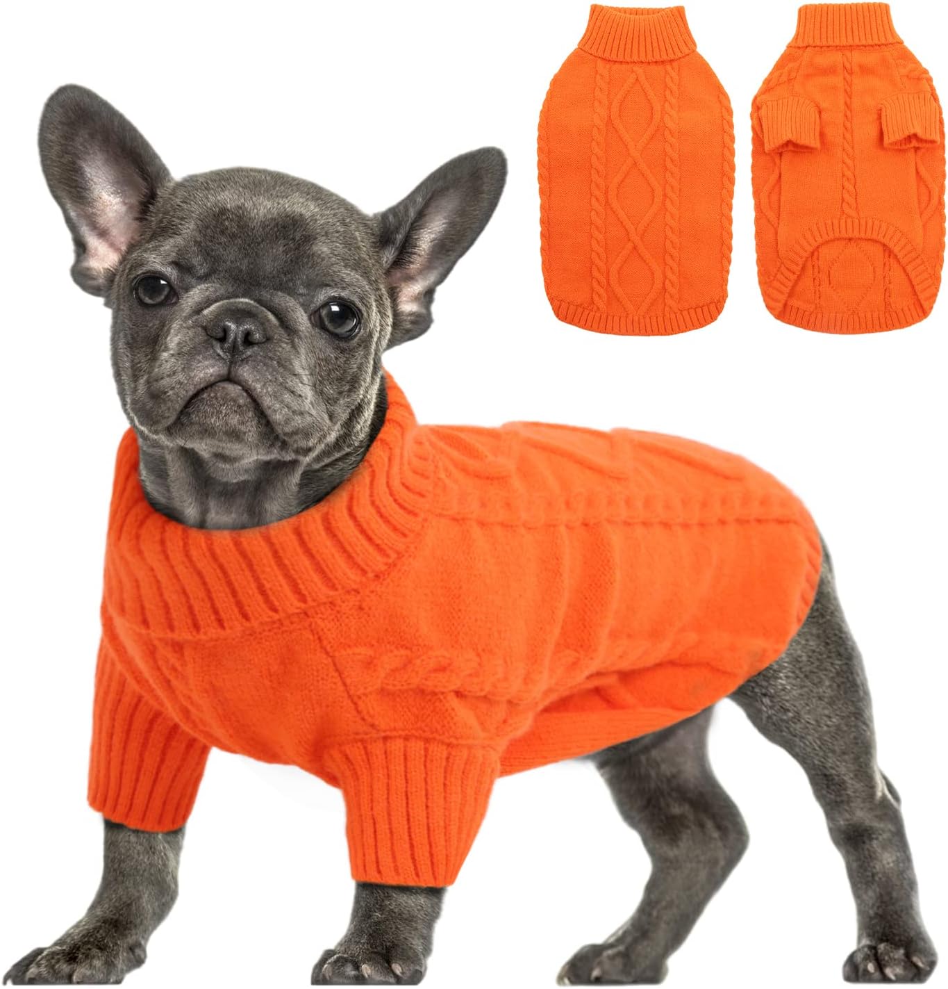 Queenmore Small Dog Pullover Sweater, Cold Weather Cable Knitwear, Classic Turtleneck Thick Warm Clothes for Chihuahua, Bulldog, Dachshund, Pug (Orange, X-Large)