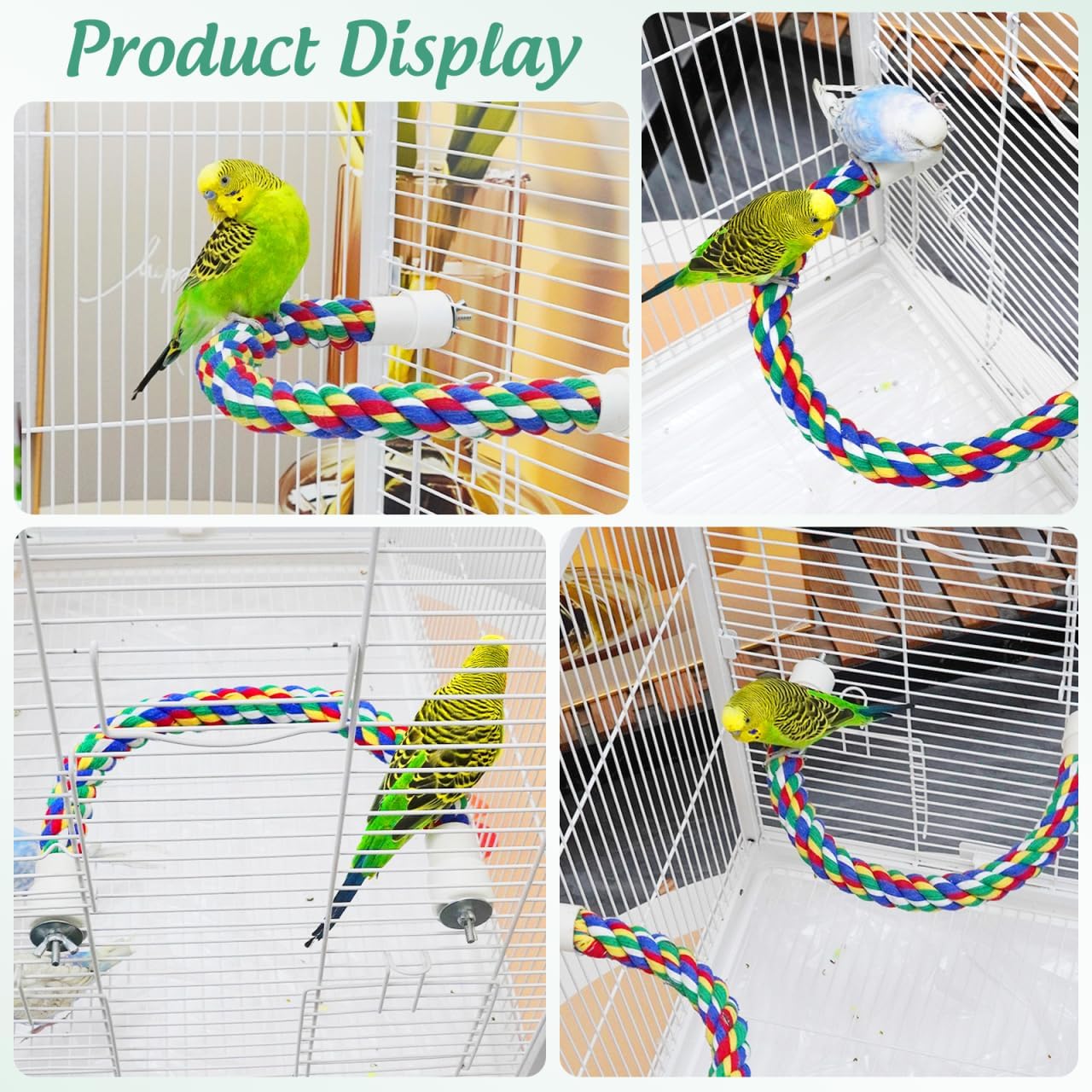 Colorful Bird Rope Perch Stand, Birdcage Swing Spiral Toys, Bird Climbing Standing Bungee Rope Perches Chew Toys Cage Accessories for Cockatiels Parrots Birds (40CM/15.7inch)