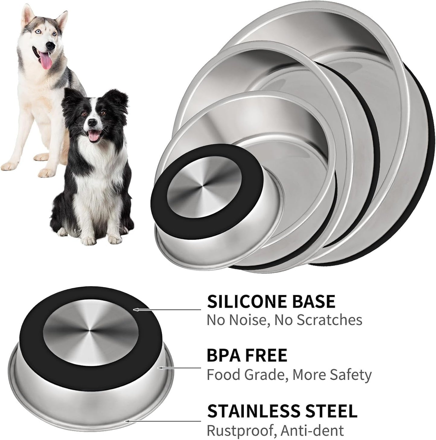 Taglory 8 Cup Stainless Steel Dog Bowls Set of 2 for Food and Water, Silicone Base Anti-Slip, Rust Resistant, Extra Thick Metal Bowls for Medium Dogs, 59oz, Black