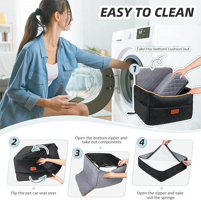 Small Dog Car Seat, Memory Foam Dog Booster Seats with Thick Cushion for Medium Dogs Under 35lbs, Detachable Washable Pet Car Seat Bed with Storage Pockets,2 Safety Belts