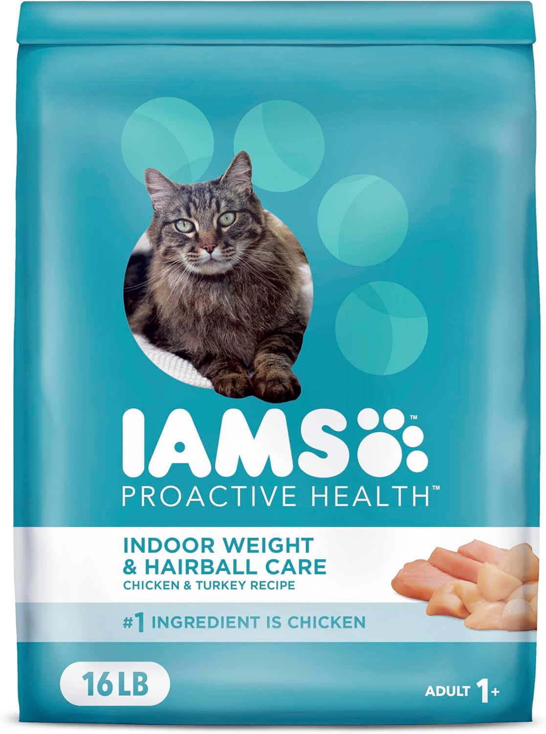 IAMS Proactive Health Indoor Weight Control & Hairball Care Adult Dry Cat Food, Chicken & Turkey Recipe, 16 lb. Bag
