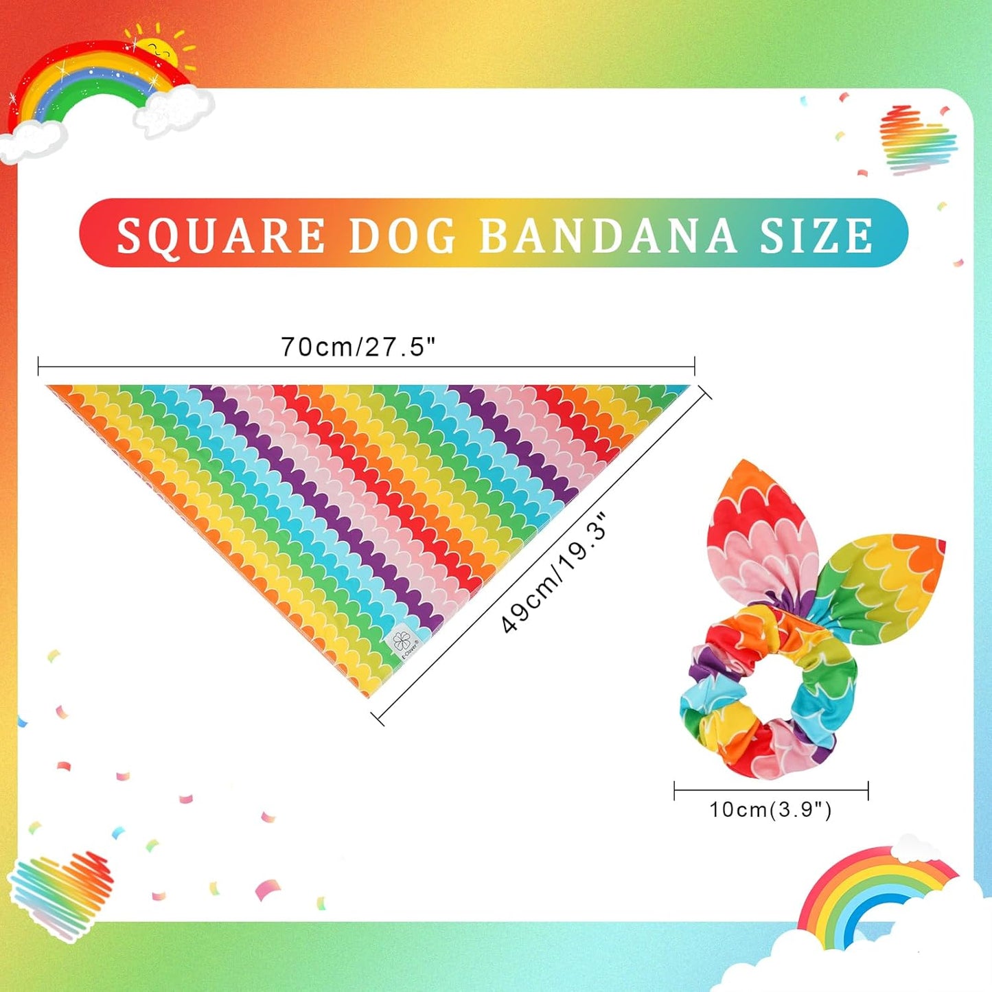 E-Clover Rainbow Dog Bandanas & Matching Scrunchie Set Girl Cute Pride Dog Scarf Bibs Pet Bandana with Bow Tie for Medium Large Dogs Owner Mom Summer