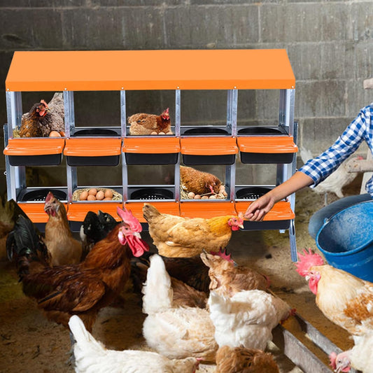 Chicken Nesting Boxes, 10 Hole Metal Chicken Laying Box with with Removable Trays and Roll Out Egg Collection for Chicken Coop, with Metal Bracket, Orange