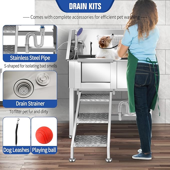 Professional Stainless Steel Dog Grooming Bathtub Station Wash Shower Sink with Faucet Walk-in Ramp and Accessories Pet Grooming Bathtub Station,34" L-RAMP