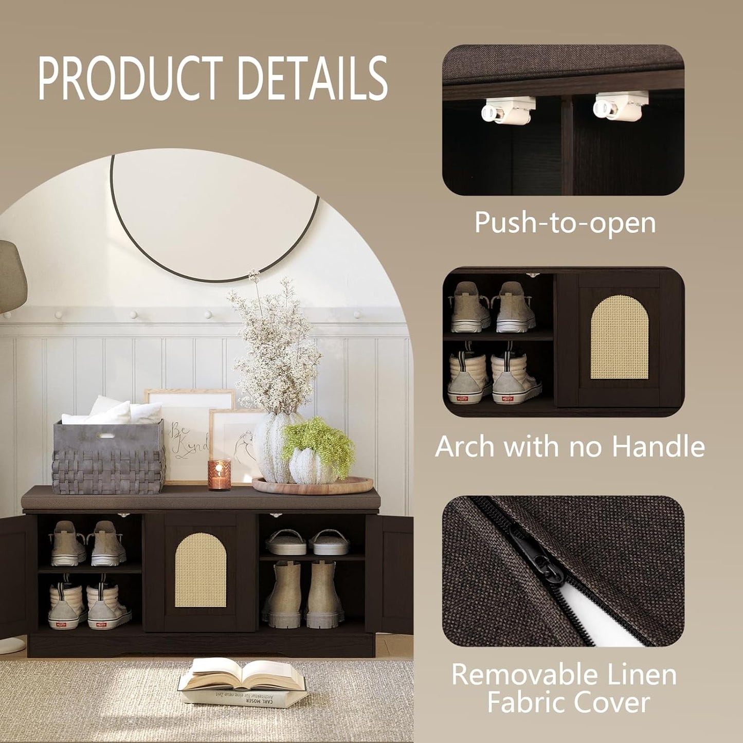 DINZI LVJ Shoe Bench, Entryway Storage Bench with Doors, Cushion, 2-Tier Shoe Rack with 6-Cubby, 39.4”L x 13.8”W Shoe Organizer Cabinet, Adjustable Shelf, Living Room, Bedroom, Espresso with Rattan