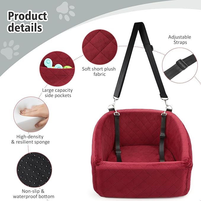 Dog Car Seat for Small Medium Dogs,Detachable Washable Dog Booster Seat Under 30lbs, Pet Car Seats Travel Bed with Storage Pockets and Safety Belt(Red)