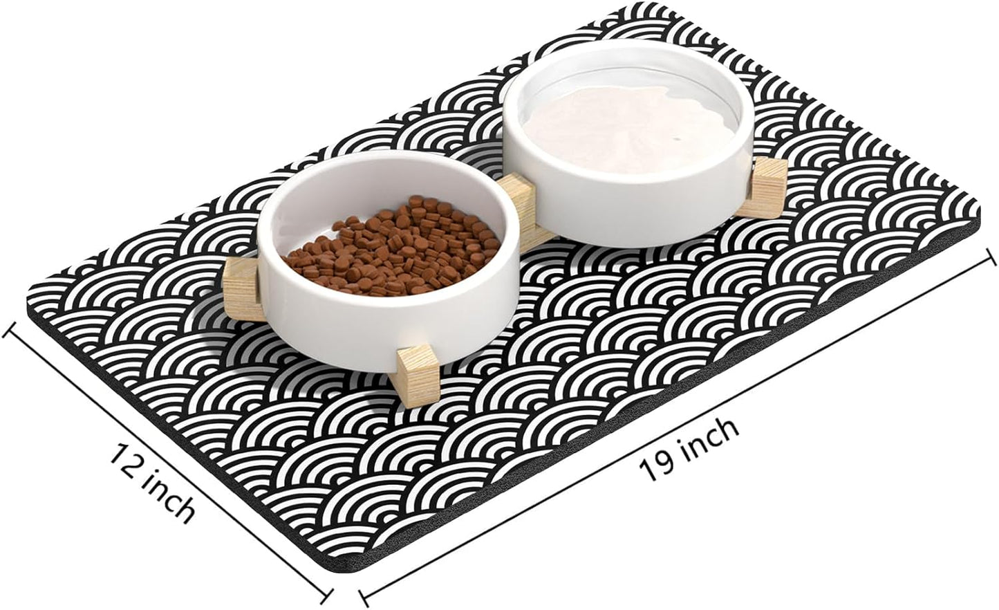 Rnivvi Dog Food Mat, 12" x 19" Absorbent Dog Cat Bowl Mat for Food and Water, Cute Anti-Slip Rubber Pet Feeding Rug Protect Floors, Puppy Placemat for Feeding & Watering Supplies,Gray Rounded Wave