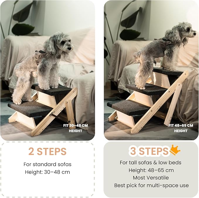 MEWANG Wood Pet Stairs & Ramp for Small/Medium Dogs and Cats, Aging Pets – 3-in-1 Foldable, Portable, Non-Slip Pet Ladder for Tall Beds, Couches,Cars–Holds Up to 220 lbs (17.3" L x 17.2" W x 13.0" H)