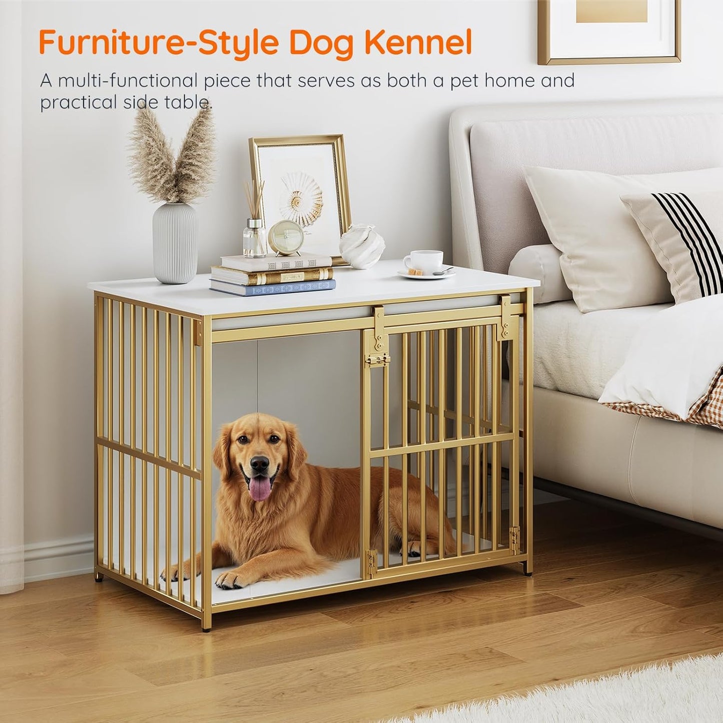 HOOBRO Dog Crate Furniture, 36.6" Heavy Duty Dog Kennel with Sliding Barn Door, Wooden Dog Cage Indoor, Decorative Side End Table for Small/Medium Dogs, White and Gold GD162GW03G1