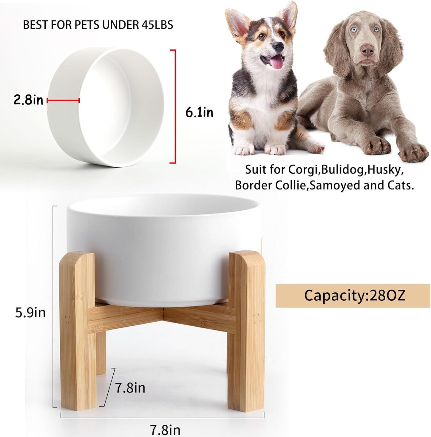 Petygooing 28 OZ White Elevated/Raised Ceramic Dog Bowl for Small and Medium Breeds, Dog Food Water Dish with Stand,Pet Feeding Bowl with Anti Slip Rubber for Cats Small and Medium Dogs (3.6 Cups)