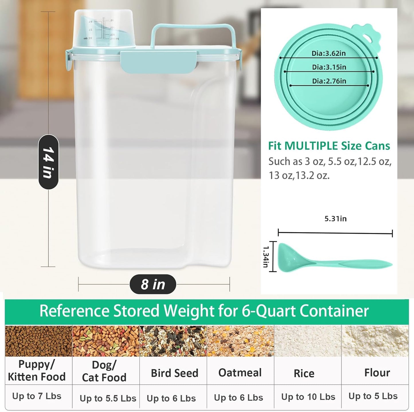 TBMax Pet Dog Cat Food Storage Container 5 to 7 lbs with Can Cover and Mixing Spoon, Airtight Bird Seed Container, Cat Food Storage Dispenser, Kibble Storage Dog Treat Bin -Light Blue