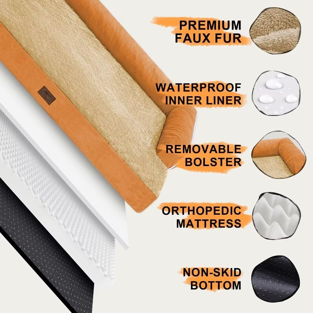 Large Dog Bed Orthopedic Washable, Orthopedic Dog Beds for Large Dogs, Washable Cover Removable Bolster and Non-Slip Bottom Pet Beds, XL XLarge Extra Large Dogs - Orange