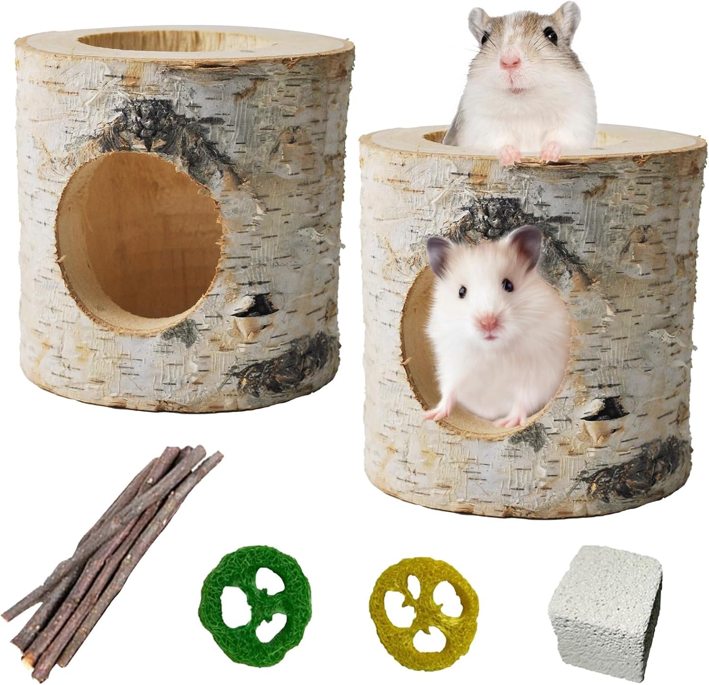 Wooden Hamster Tunnels,Natural Birch Wood Hamster Tree Hole Tube Hamster Chew Toy Small Animal Hollow Tree Trunk Tube Hideout Climbing Toy Cage Accessories for Guinea Pig Chinchilla Gerbil Rat