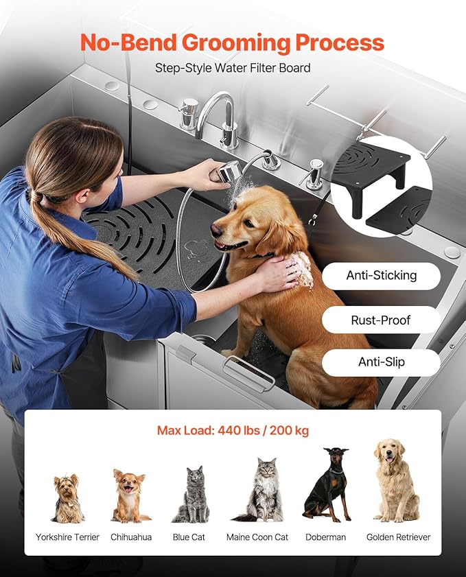 VEVOR Professional 304 Stainless Steel Dog Bathing Station, 61 inch Pet Grooming Tub w/Anti-Slip ramp, Storage Drawer, Cold Hot Faucet Showerhead for Large & Medium & Small (Right Door, with Drawer)