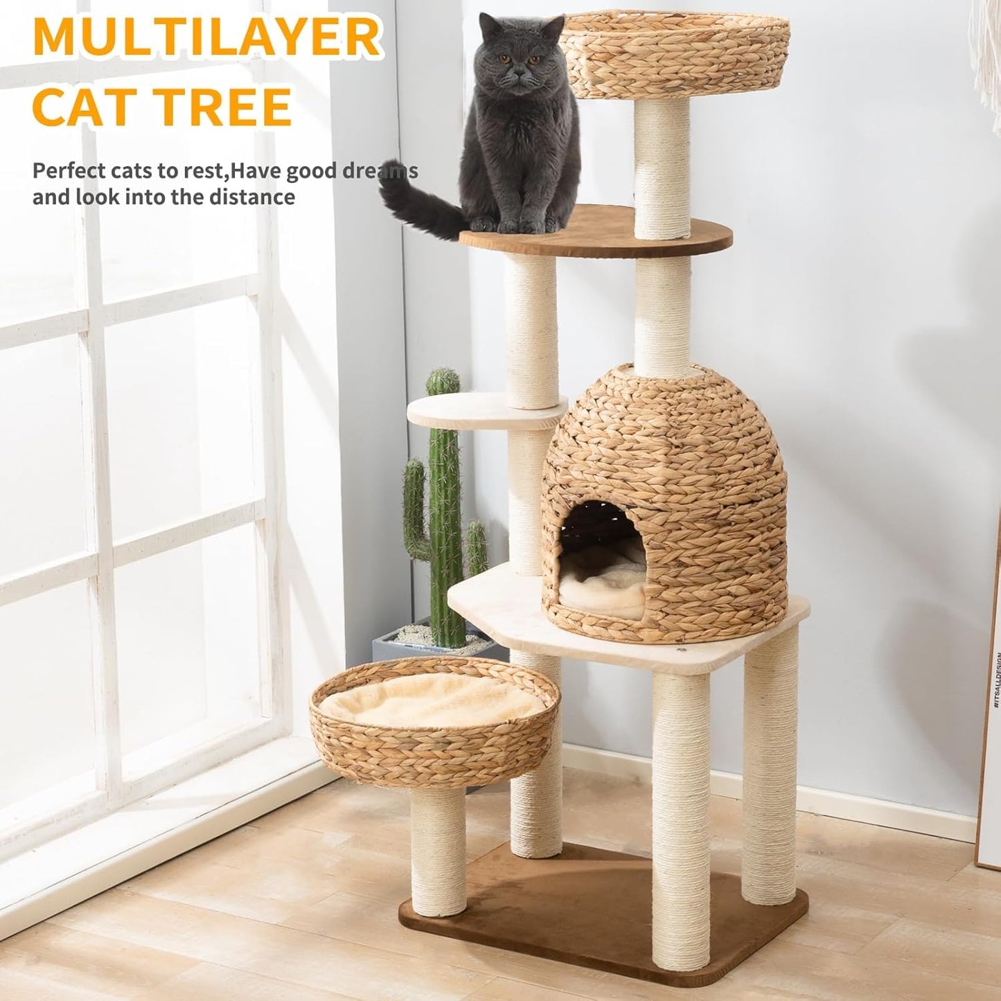 Large Wood Cat Tree Tower for Indoor Cats, Multi-Cats Scratching Post & Cat Condo with Handwoven Cat House Basket, Thick Sisal Posts, Modern Stable Cats Tower Furniture