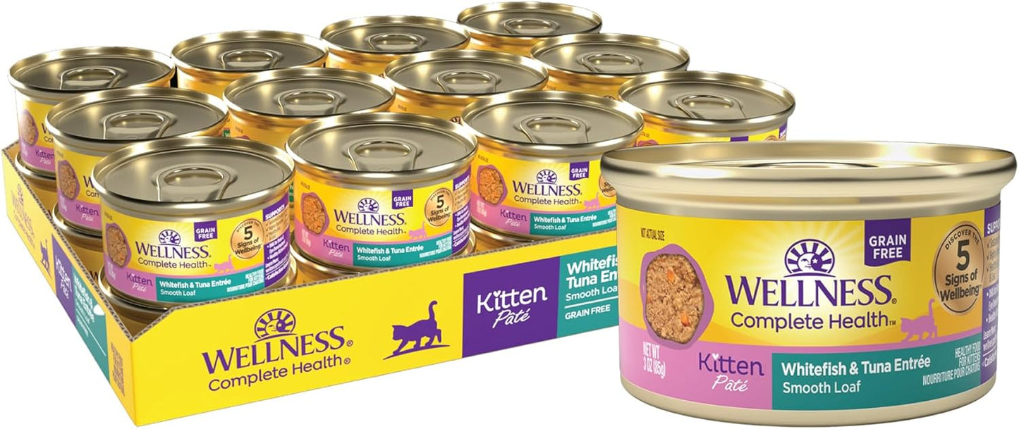 Wellness Complete Health Pate Kitten Wet Cat Food Canned Food, Natural, Protein-Rich, Grain Free, 3 Ounce Cans, 24 Pack, (Whitefish & Tuna)