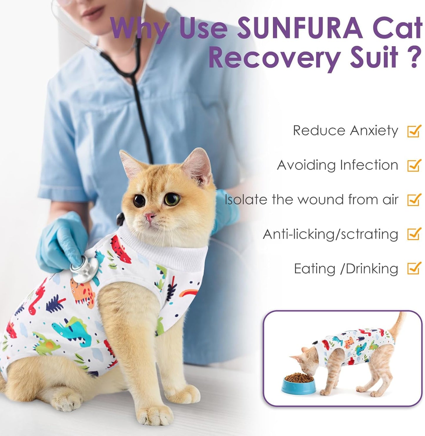 SUNFURA Cat Recovery Suit, Kitten Surgical Full Bodysuit for Abdominal Wound Protector Anti Licking After Surgery, Professional Bandages Cone E-Collar Alternative for Small Male & Female Pets