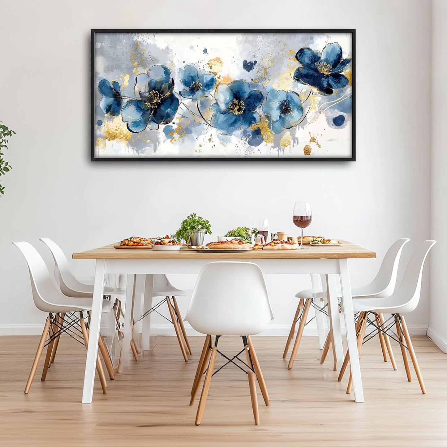 Extra Large Framed Abstract Blue Flower Wall Art,Oversized Golden Grey Floral Wall Decor Pictures for Living Room,Canvas Print Painting Modern Artwork Bedroom Office Bathroom Home Decor 60L" x 30W"