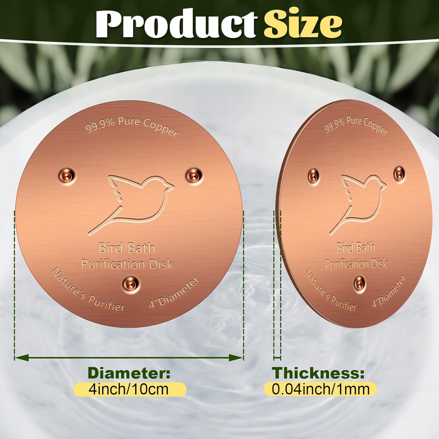 NNG 1 Pack Bird Bath Copper Disk,1mm Thick Reinforced 99.9% Pure Copper Bird Bath Purification Disk with Triple-Point Support,Physical Safe Water Cleaner for Outdoor Birdbaths Bowls,All-Season Use