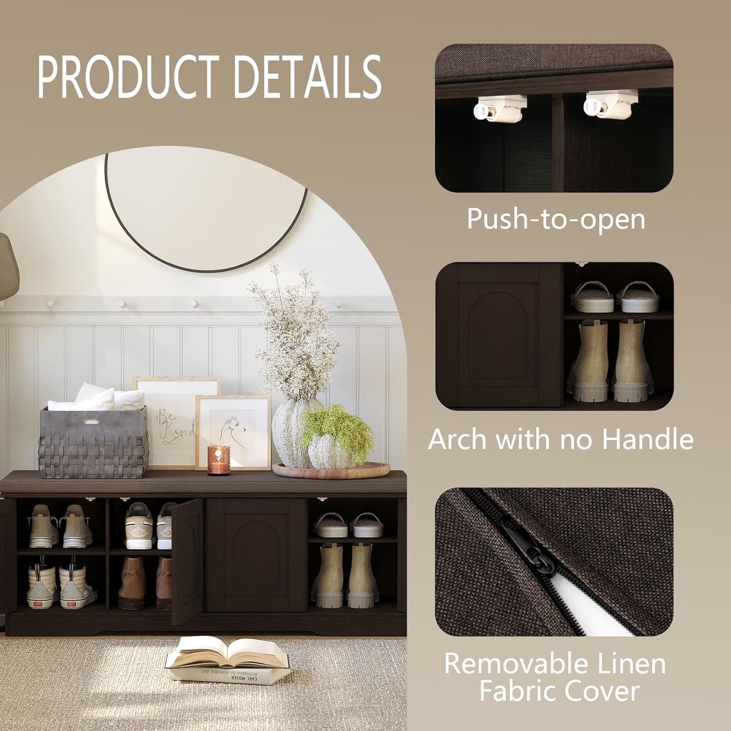 DINZI LVJ Shoe Bench, Entryway Storage Bench with Doors, Cushion, 2-Tier Shoe Rack with 8-Cubby, 47.2”L x 13.8”W Shoe Organizer Cabinet, Adjustable Shelf, Living Room, Bedroom, Espresso