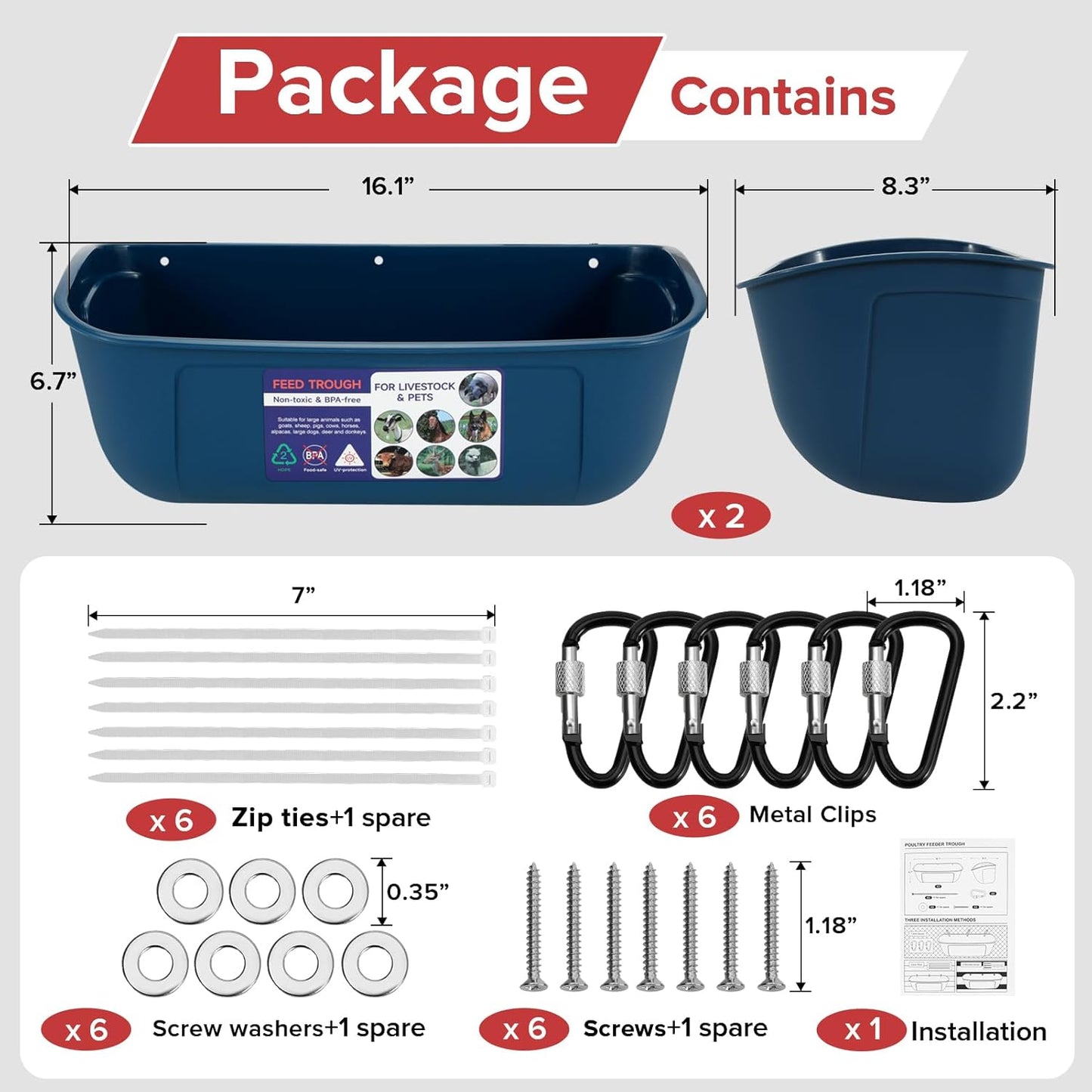 Goovilla Large Feed Trough, Hanging or Screw-in Fence Feeder with Clips, 2 Pack 9 Quart Goat Feeder Supplies, Dog Horse Hog Pig Livestock Poultry Plastic Feeder Trough Bucket for Large Animal, Blue