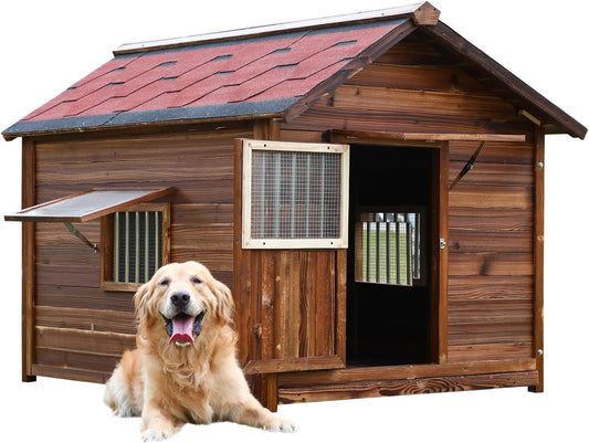 Dog House Outdoor, Solid Pine Wood Dog House with Waterproof Roof, Warm Spacious Pet House, Heavy Duty Animal Shelter for Large Breed Weatherproof, 4XL