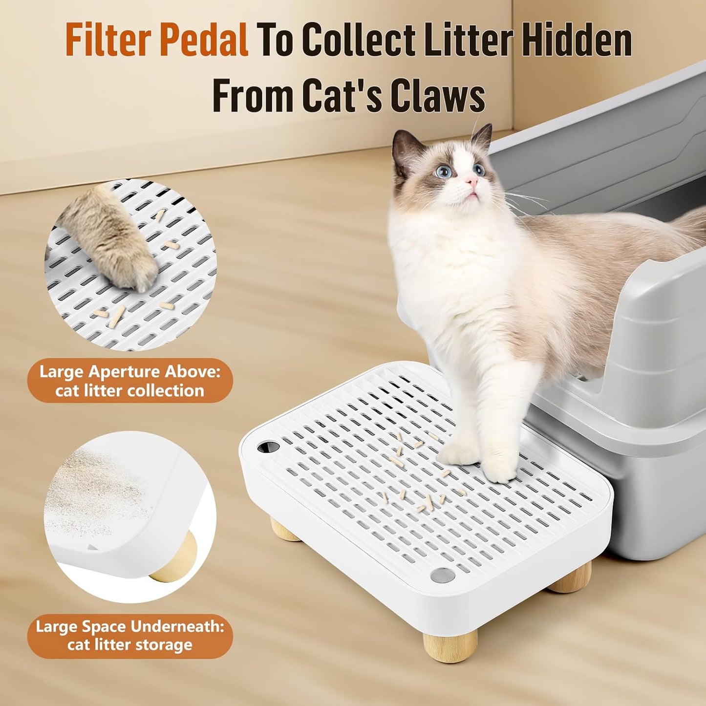Cat Litter Box Step Ramp, Cat Litter Catcher Mat with Wooden Feet, Filter Function, Cat Pedal Stool for Self-Cleaning Cat Litter Box, Ideal for Kitten & Elderly Cats (White)