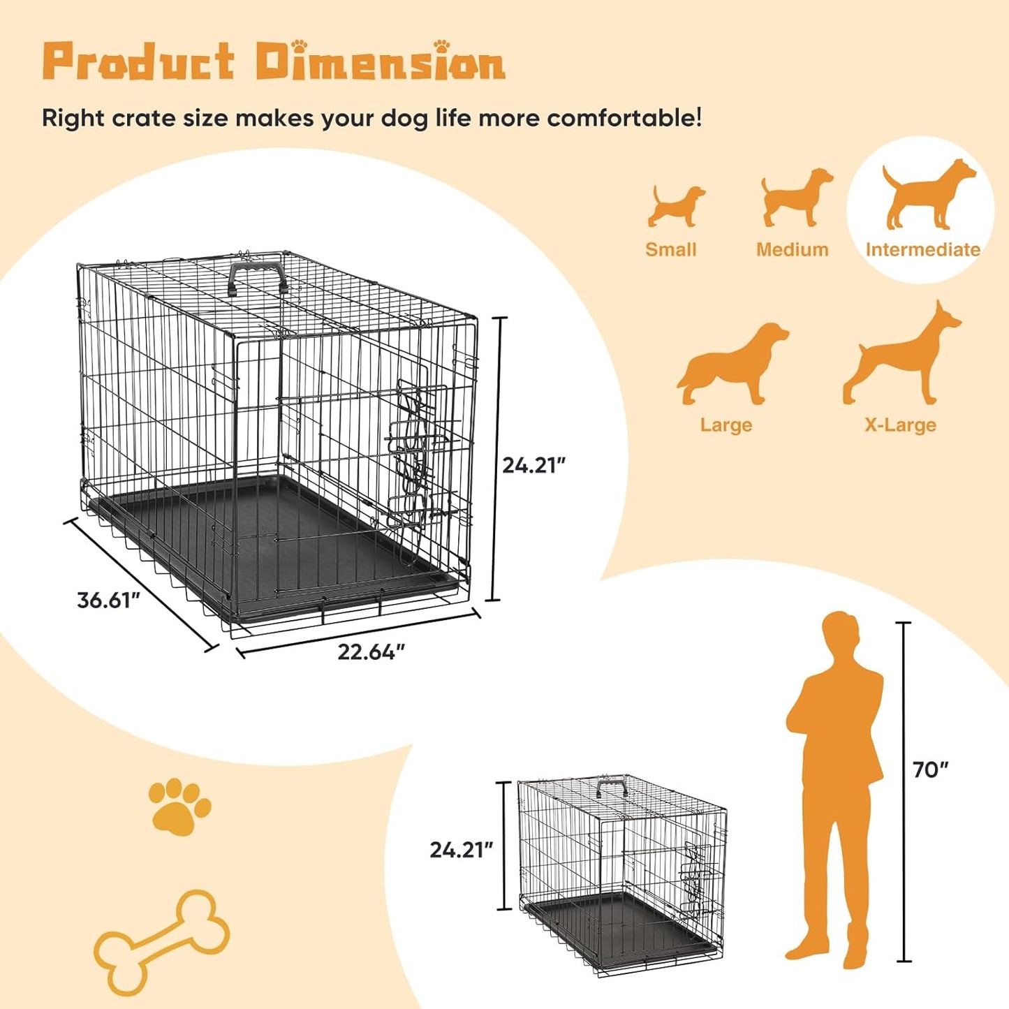 DUMOS Dog Crate, 36 Inch Medium Double Door Dog Cage with Divider Panel and Plastic Leak-Proof Pan Tray, Folding Metal Wire Pet Kennel for Indoor, Outdoor, Travel, Black
