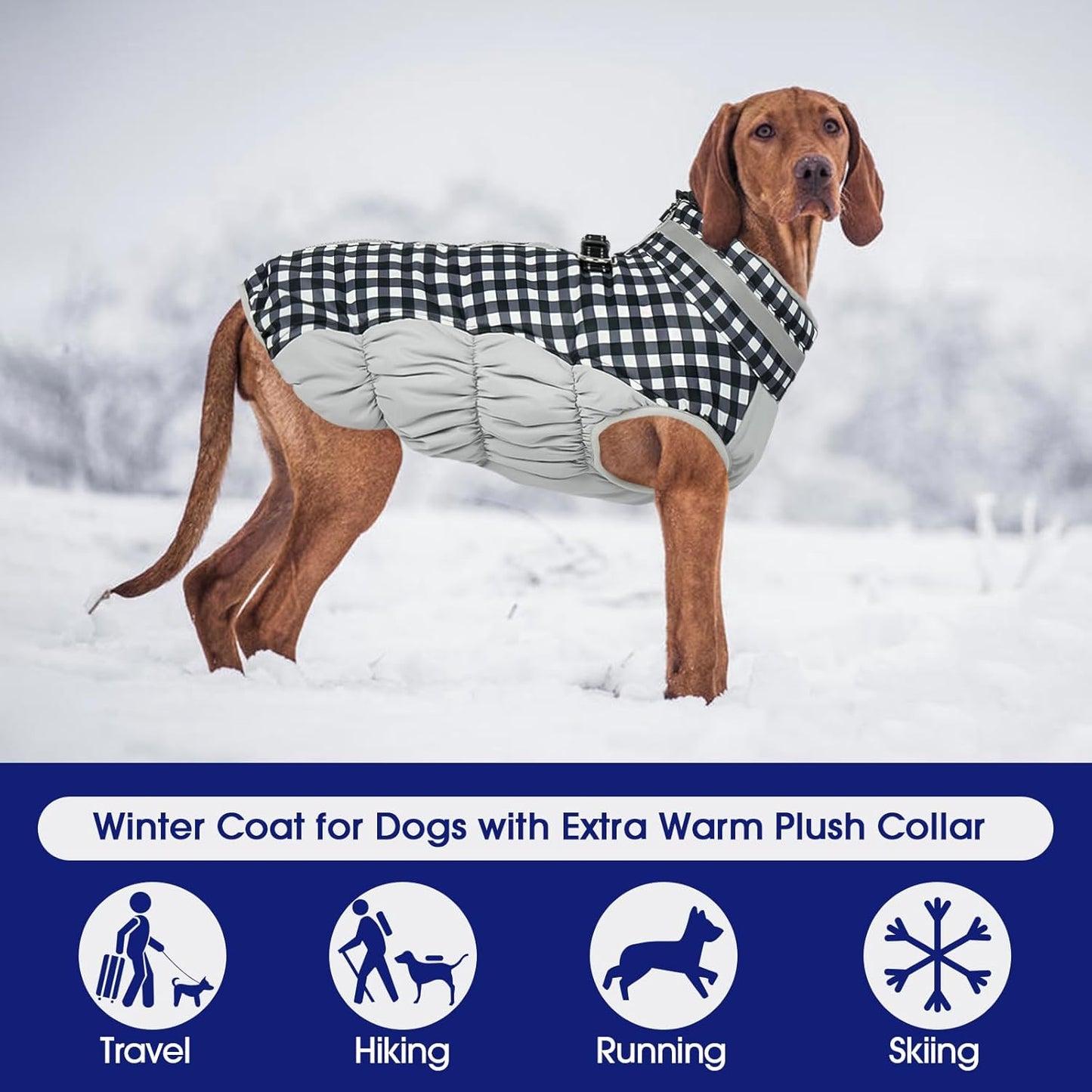 FUAMEY Dog Coat for Large Dogs,Waterproof Dog Winter Jacket with Harness Built in Puppy Cold Weather Coats Reflective Pet Vest with Zipper Warm Fleece Dogs Snowsuit Windproof Checkerboard 2XL